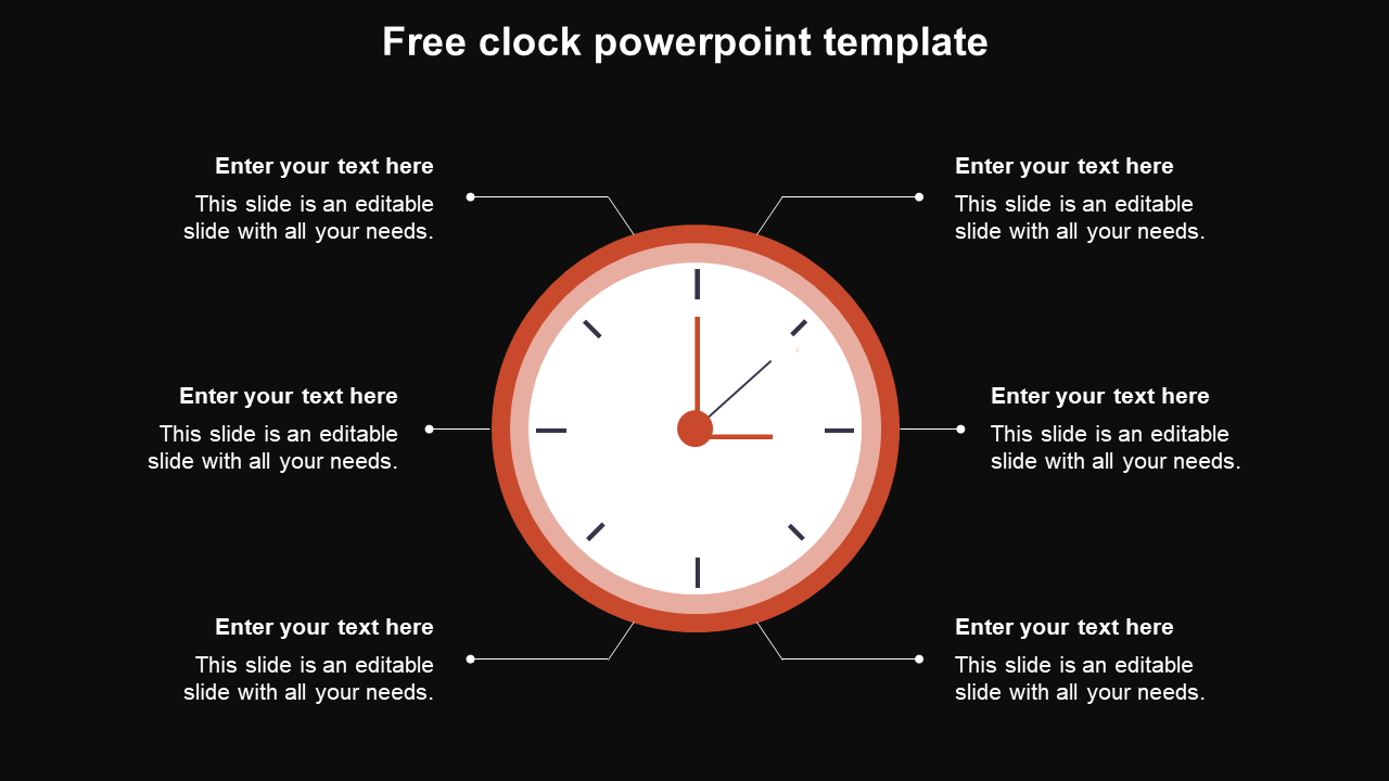 Clock themed PowerPoint slide with text placeholders surrounding a minimalist clock design on a dark backdrop.