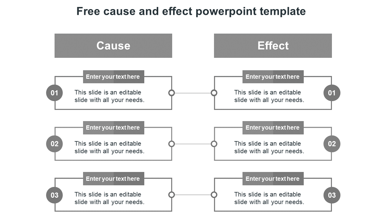 Grey template showcasing cause and effect relationships in three numbered boxes with connecting lines and placeholders.