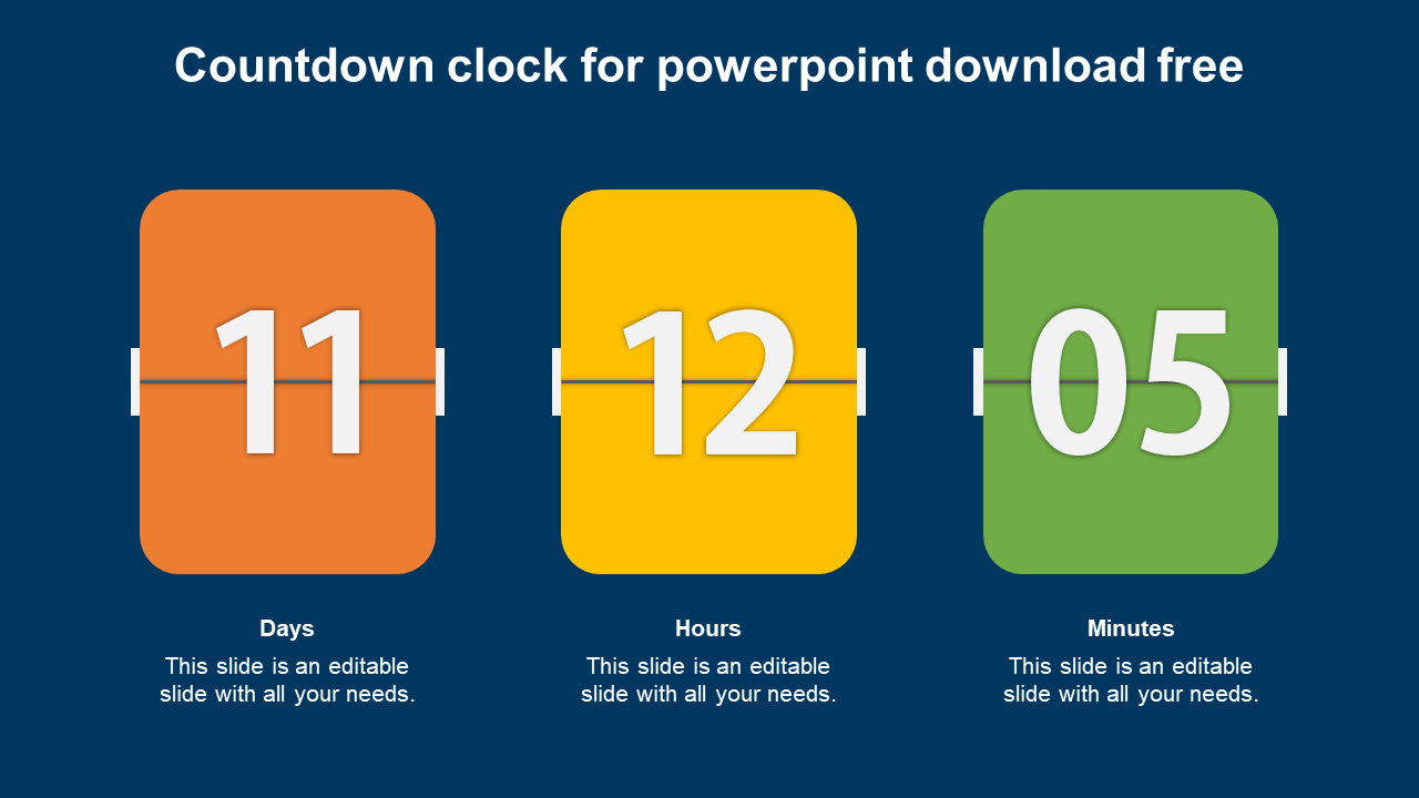 Colorful countdown clock slide with large flip-style numbers showing time intervals in days, hours, and minutes with text.