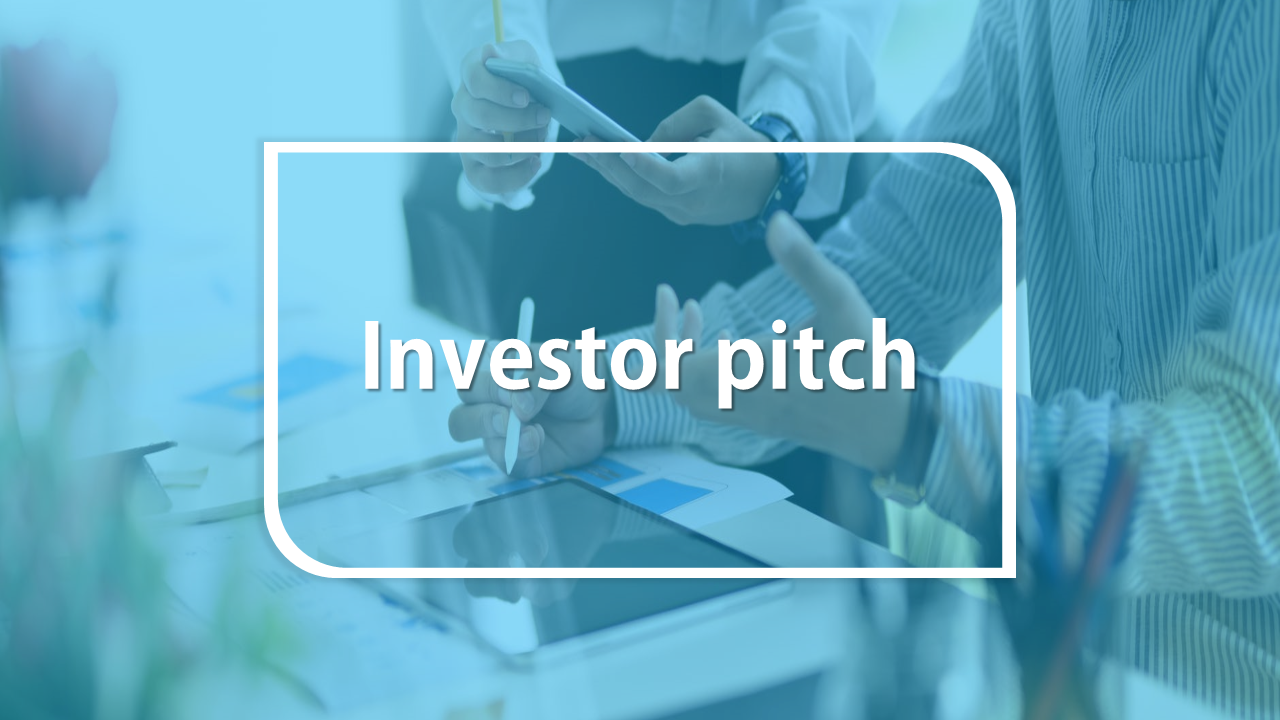 Professional investor pitch PowerPoint template with a blurred business meeting background and bold typography.