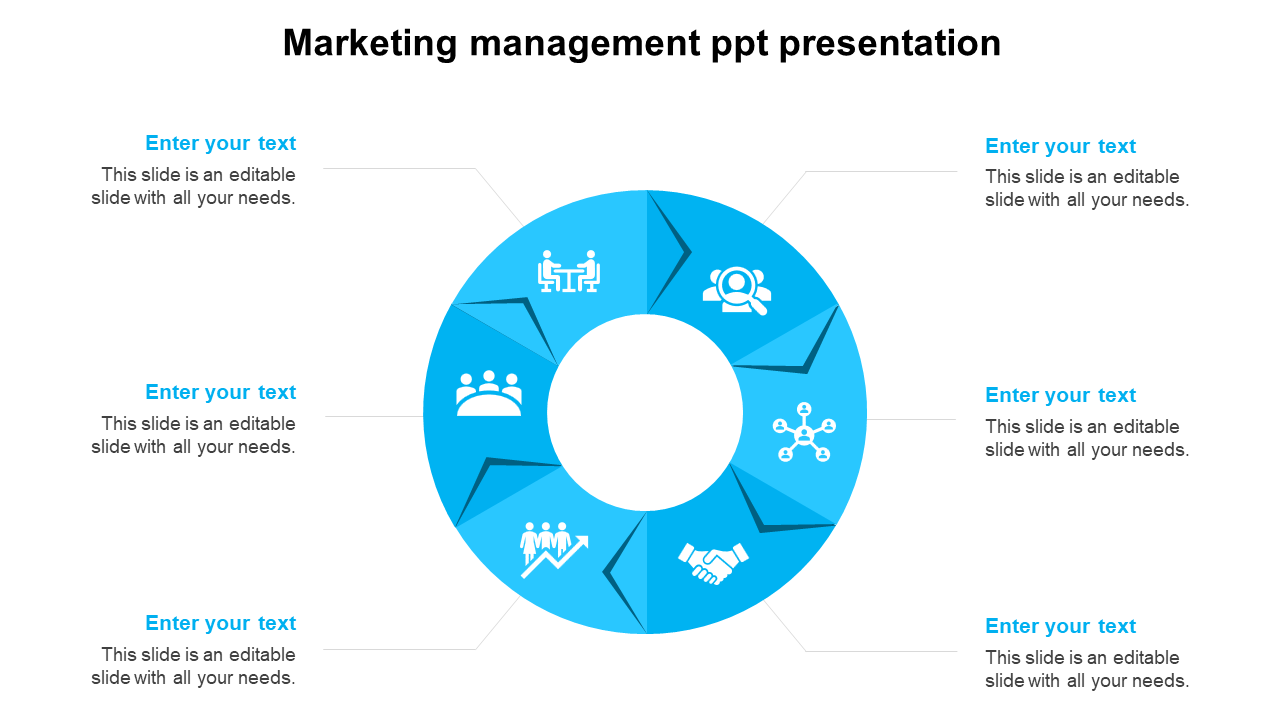 Marketing management infographic with six blue segments, each displaying a white icon arranged in a circle.