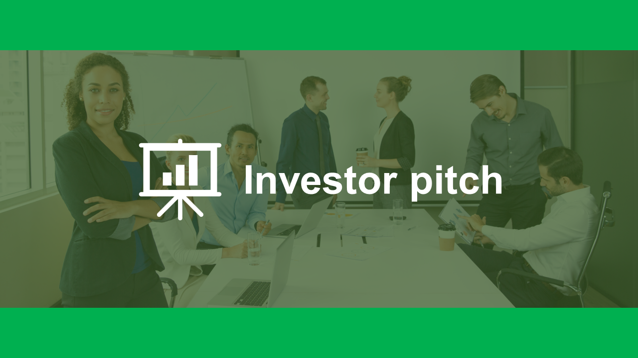 Investor pitch presentation slide with a business team discussing strategies in a modern office setting on a green border.