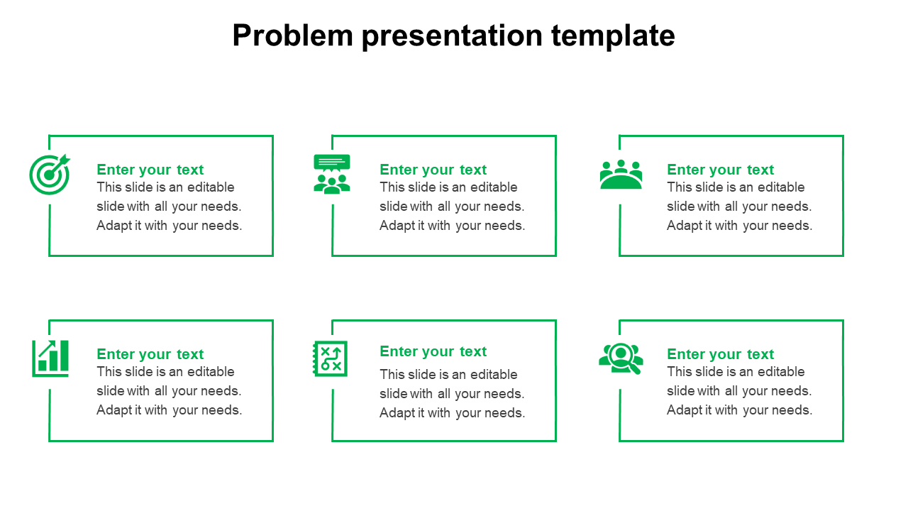 Six green rectangular blocks with icons and text placeholders, representing different elements of a problem presentation.