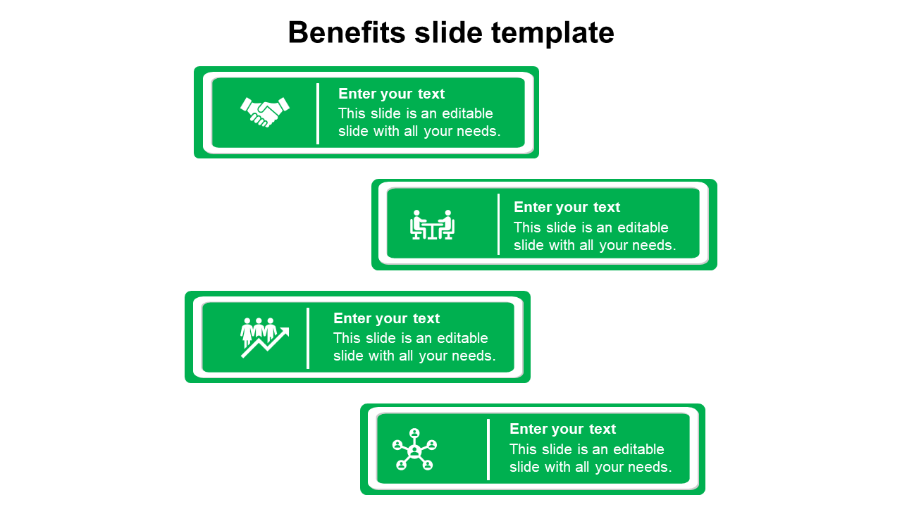 Four green blocks with icons and text areas arranged in a staggered pattern on a white background.