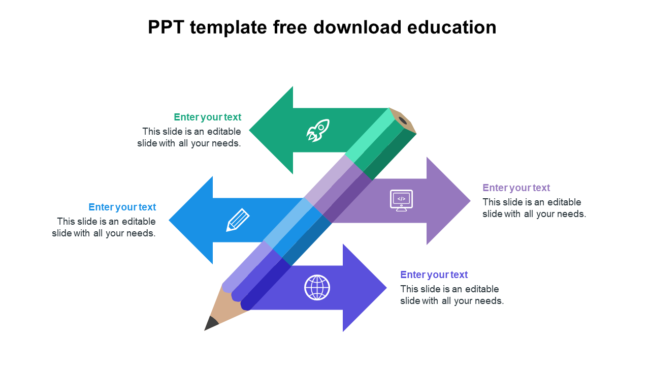 Education slide featuring a colorful pencil and arrows with text sections and icons.