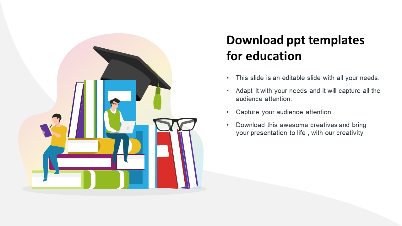 Educational slide with students sitting on large books, a graduation cap, and glasses, alongside text.