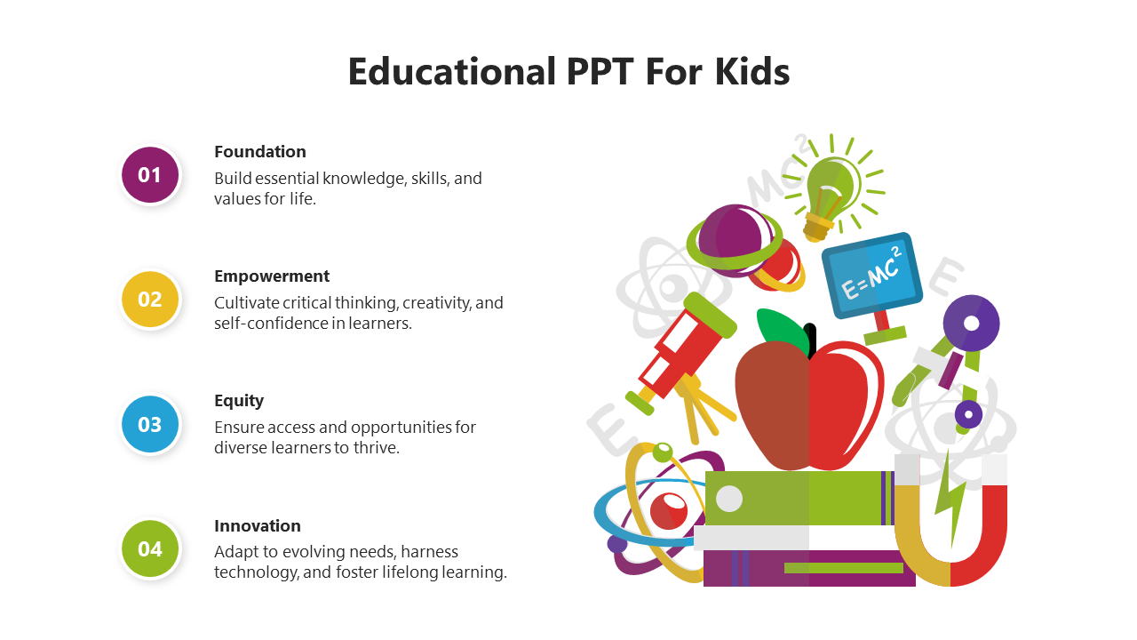 Colorful educational icons with a magnet, apple, and books representing learning elements for kids with placeholder text.