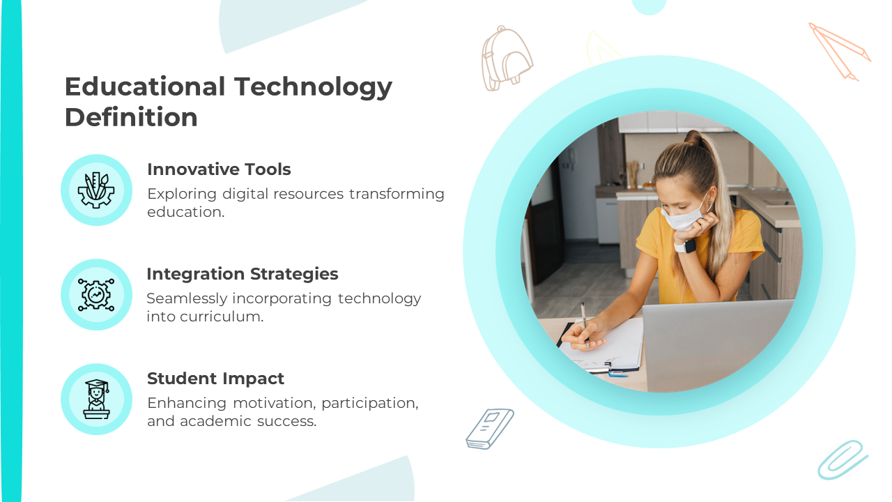 A graphic showing three educational technology concepts, with icons, and a photo of a student studying on a laptop.