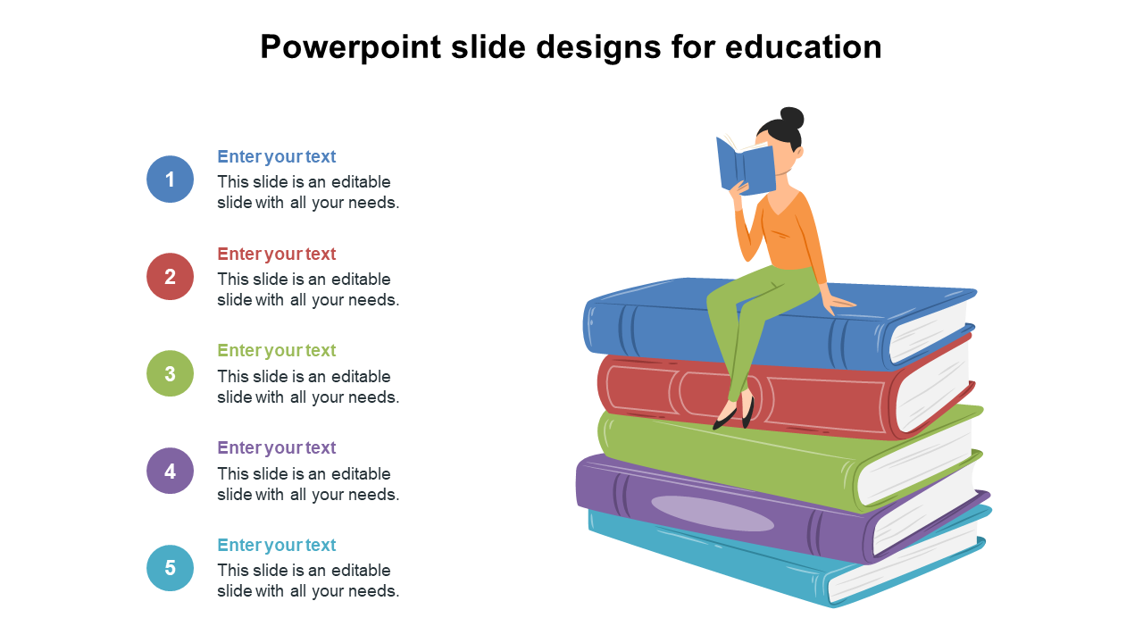 Illustration of a woman reading a book, sitting on a pile of five colorful books, with matching numbered captions.