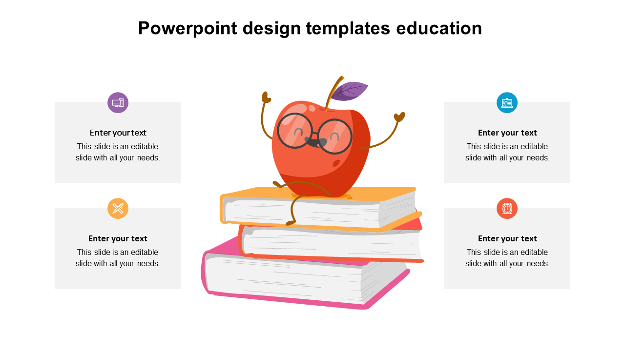 Educational template featuring an apple design on books, surrounded by four placeholders with icons