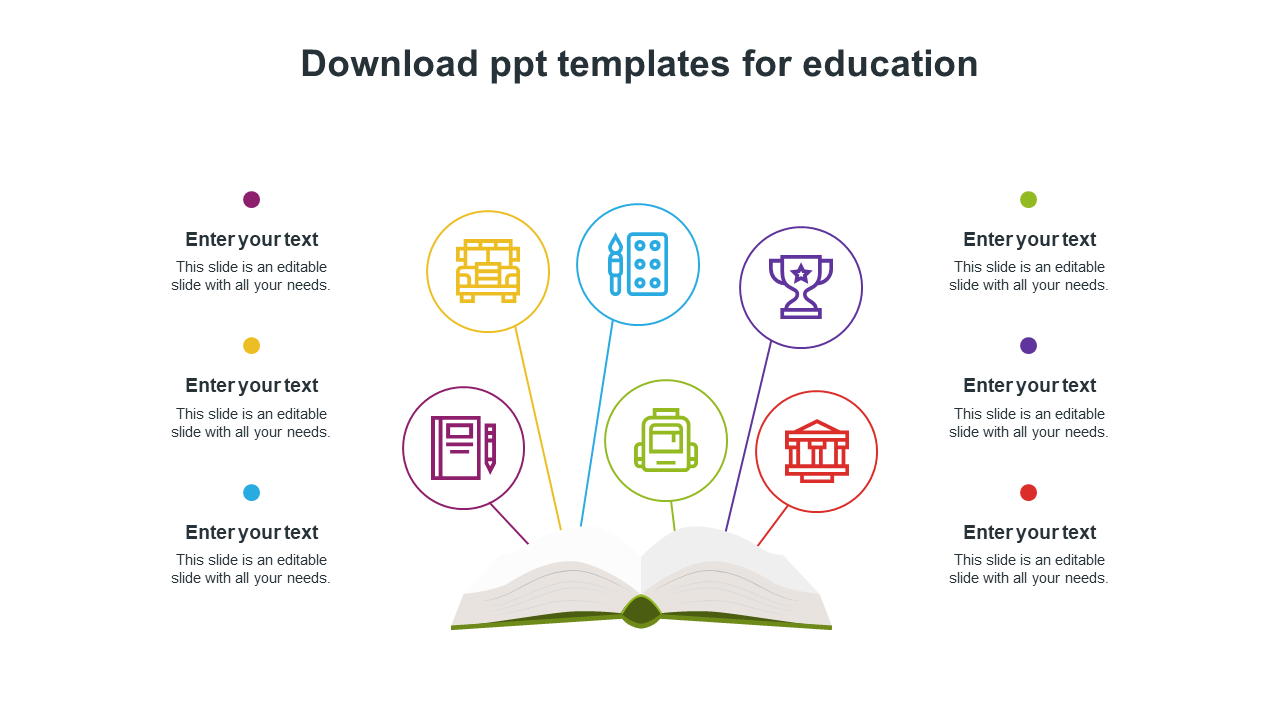 Education themed template with an open book and six colorful icons, each representing a different academic field.