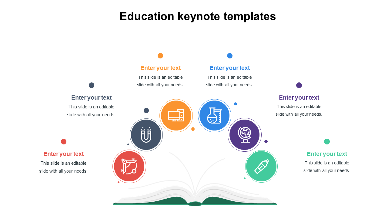 A vibrant education keynote slide featuring an open book design with color coded icons and placeholder text.