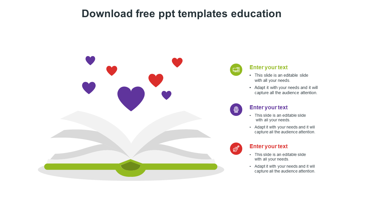 Educational PowerPoint slide with an open book illustration and floating heart icons, accompanied by text boxes for content.