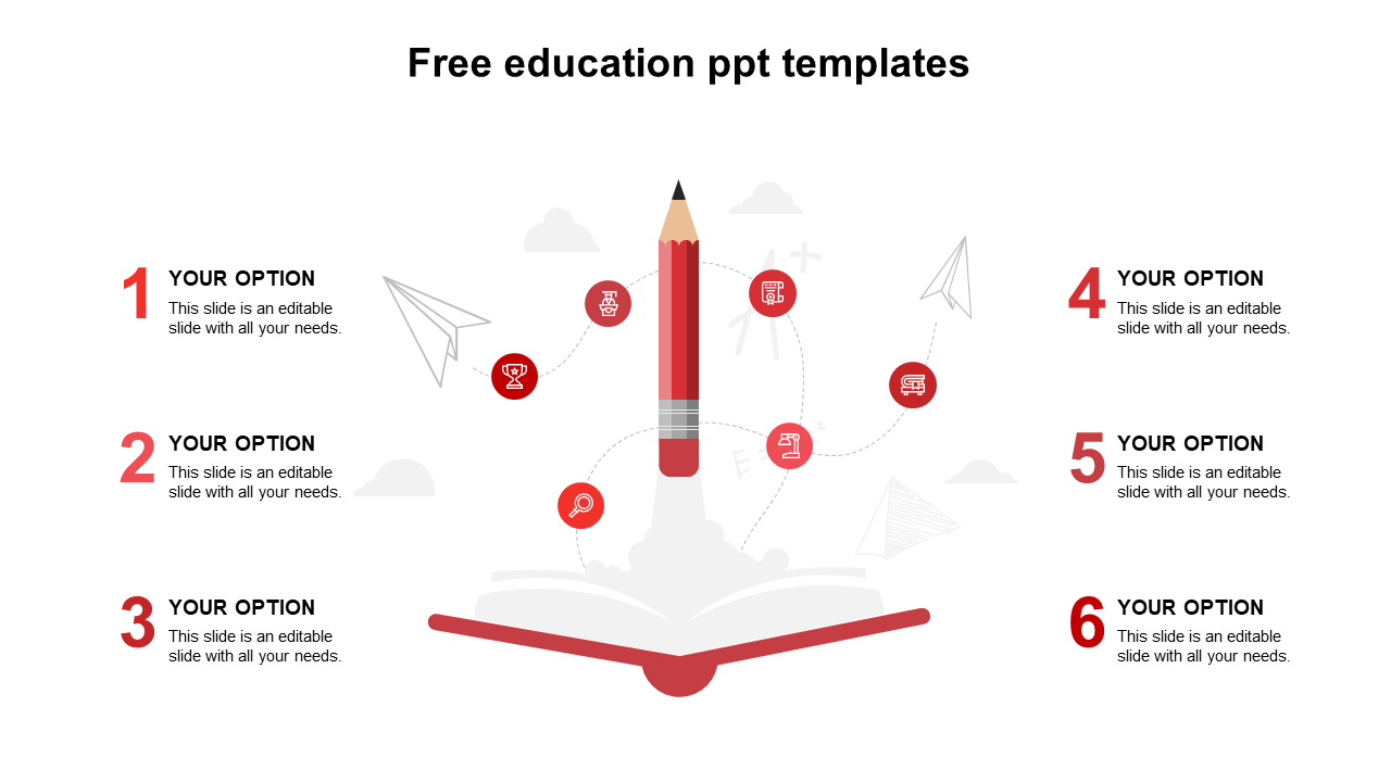 An education-themed infographic featuring an open book with a pencil upright, surrounded by six numbered caption areas.