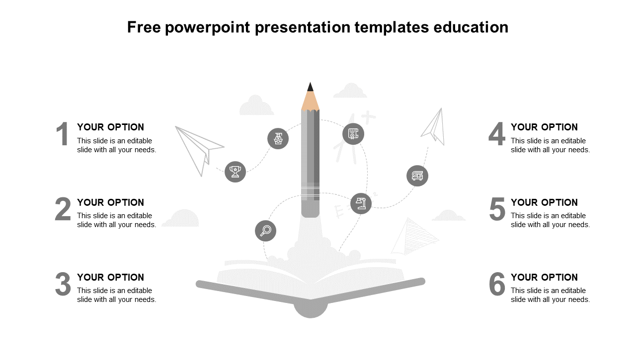 Educational PPT slide with a central grey pencil launching from an open book, surrounded by six numbered options and icons.