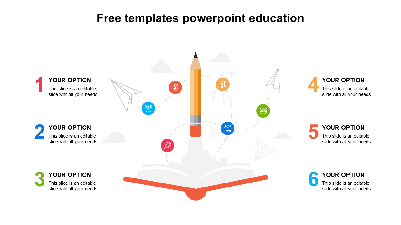 Central pencil icon with colored educational icons around it, and open book at the bottom with six numbered options on sides.