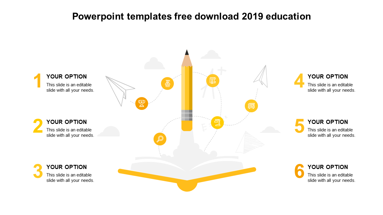 Education-themed template with a pencil at the center of a book, with six numbered sections for text input.