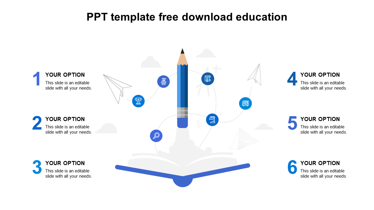 Centered blue pencil over an open book surrounded by six icons, with numbered captions on both sides.