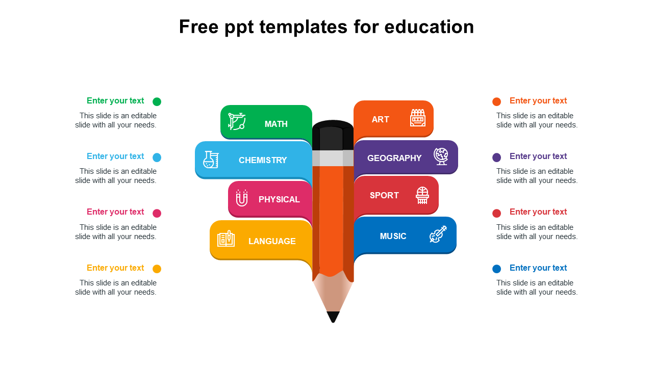 Illustration of a pencil with eight multi colored labeled boxes, featuring icons representing various academic subjects.