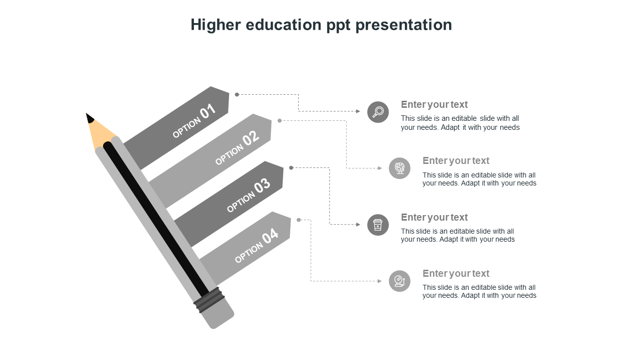 Slide for higher education featuring a large pencil graphic with labeled options for content input.