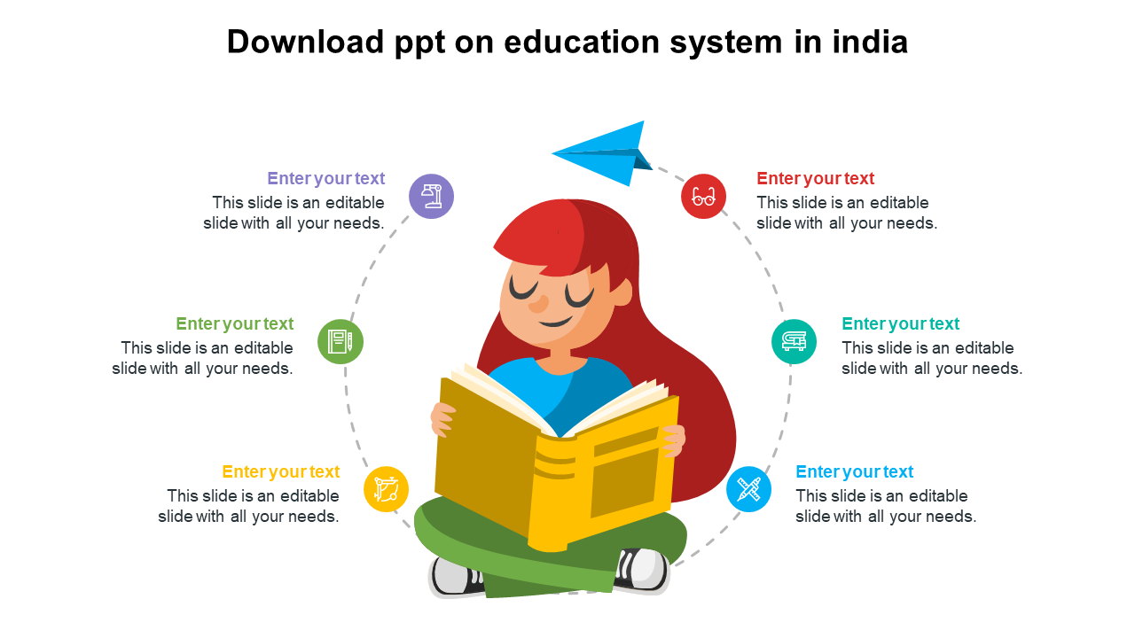 Illustration of a girl reading a book surrounded by colorful icons with text area.