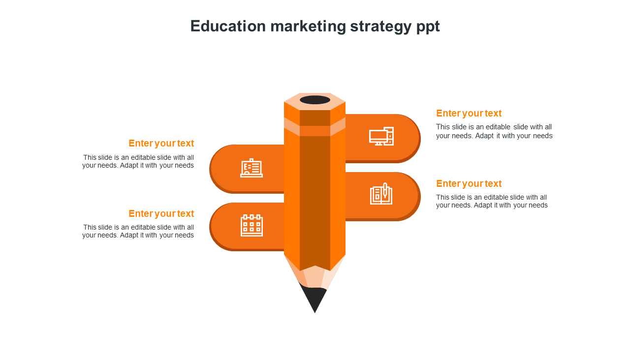 Education marketing strategy slide featuring a large pencil graphic with four accompanying text boxes and orange icons.