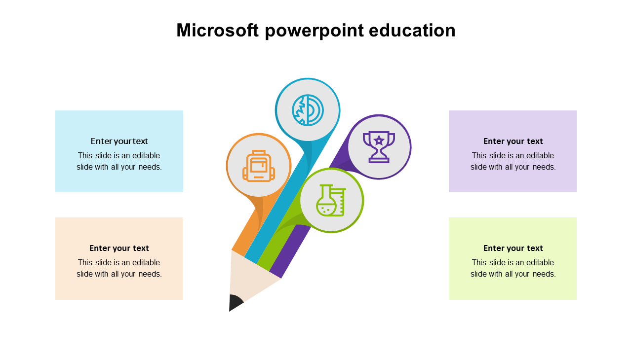 Colorful pencil with four icons in yellow, blue, green, and purple, representing education, surrounded by text boxes.