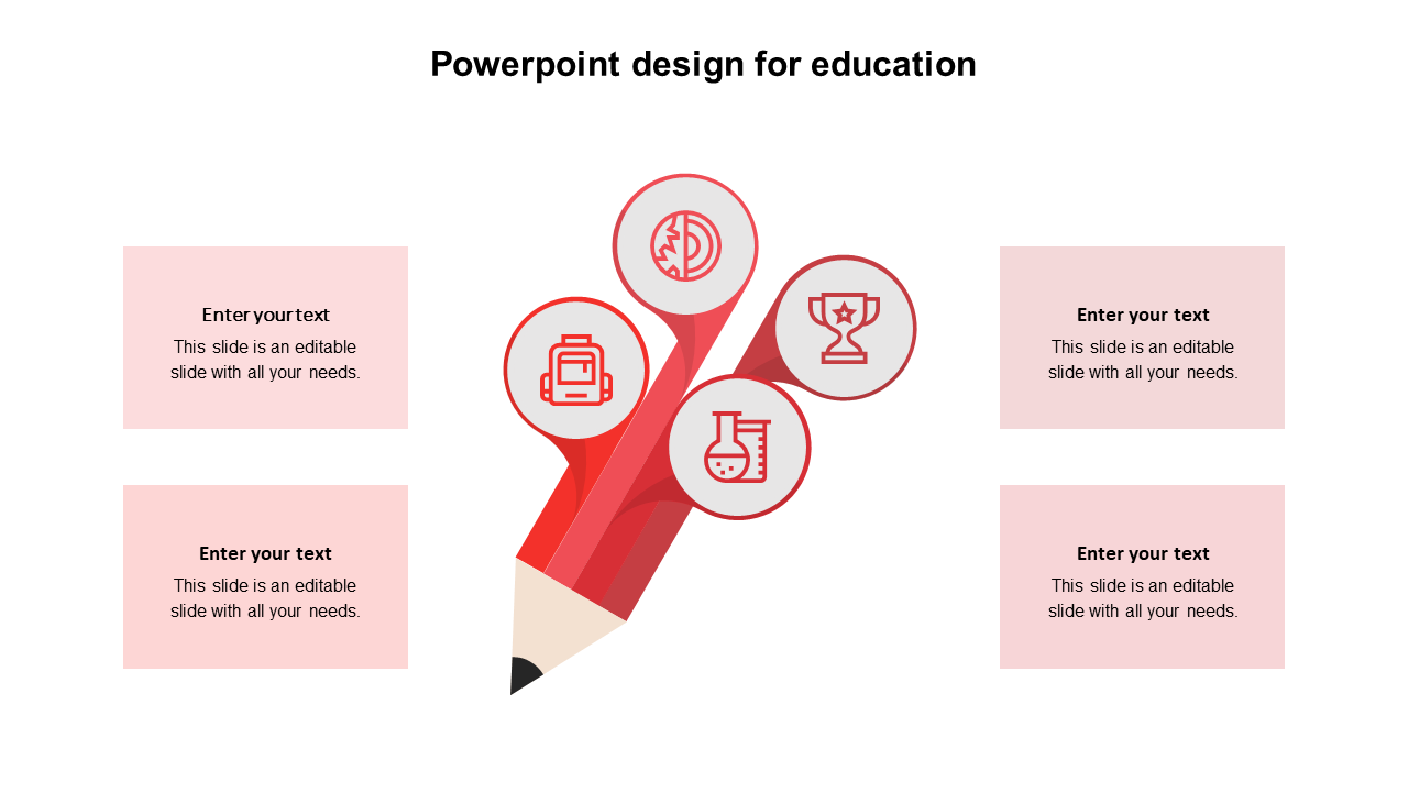 Education themed PPT slide featuring a red pencil illustration with icons and a placeholder text box on a white theme.