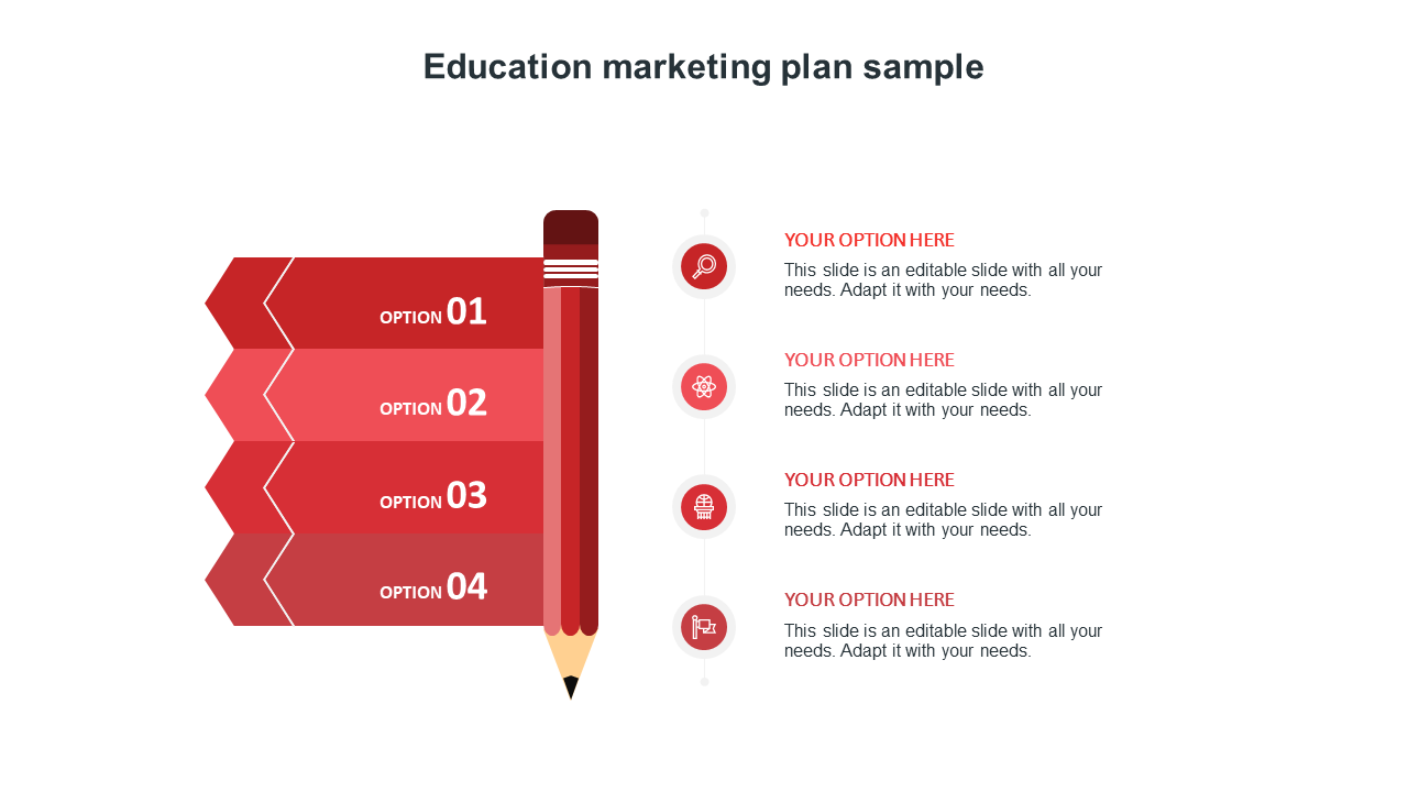 Education marketing plan slide featuring a pencil graphic with four labeled options, each accompanied by icons and text.