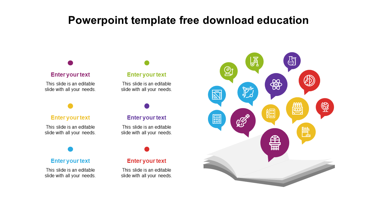 An open book with floating colorful speech bubbles containing icons related to education and six captions on the left.