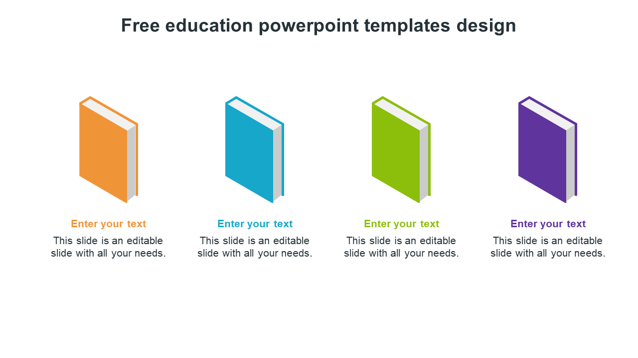 Four colorful books in orange, blue, green, and purple, symbolizing education, with text areas below.