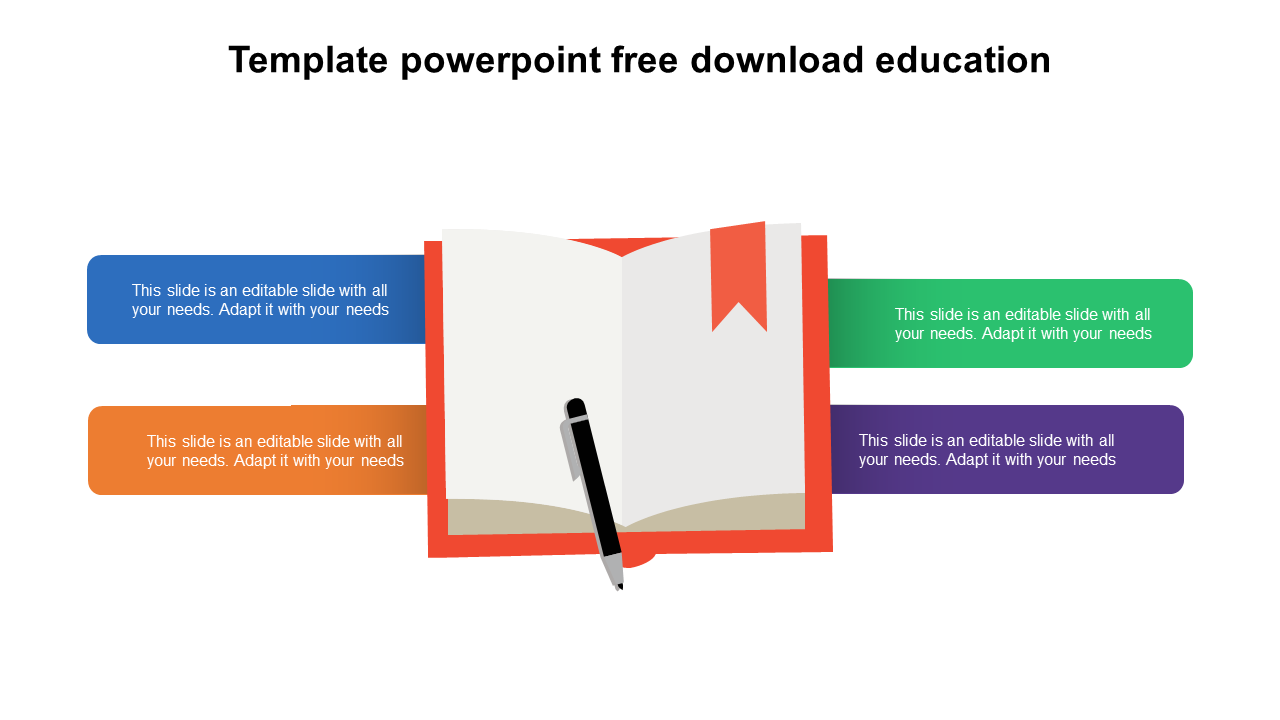 Open book illustration with a bookmark and pen, and four colorful text boxes in blue, orange, green, and purple.