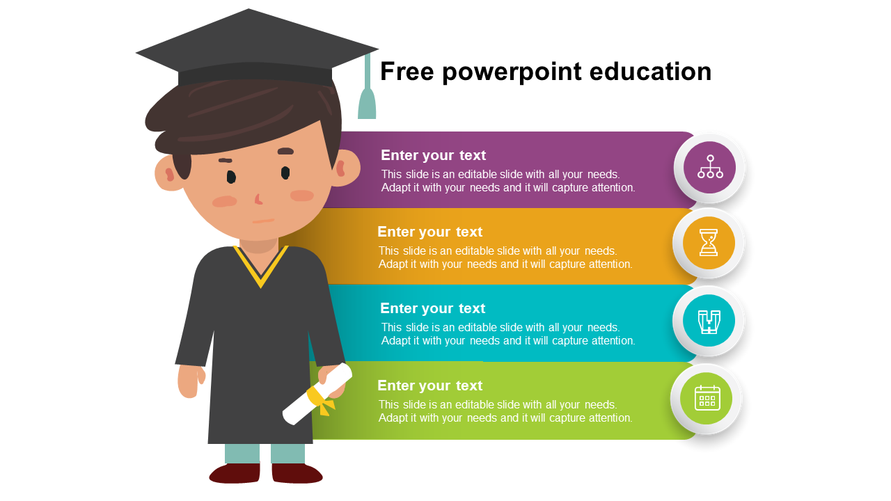 Cartoon graduate PPT slide holding a diploma with colorful educational infographic bars and icons for learning topics.