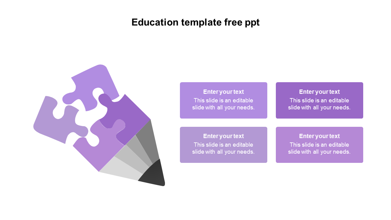 Educational PowerPoint slide featuring a purple pencil made of puzzle pieces with placeholder text boxes.