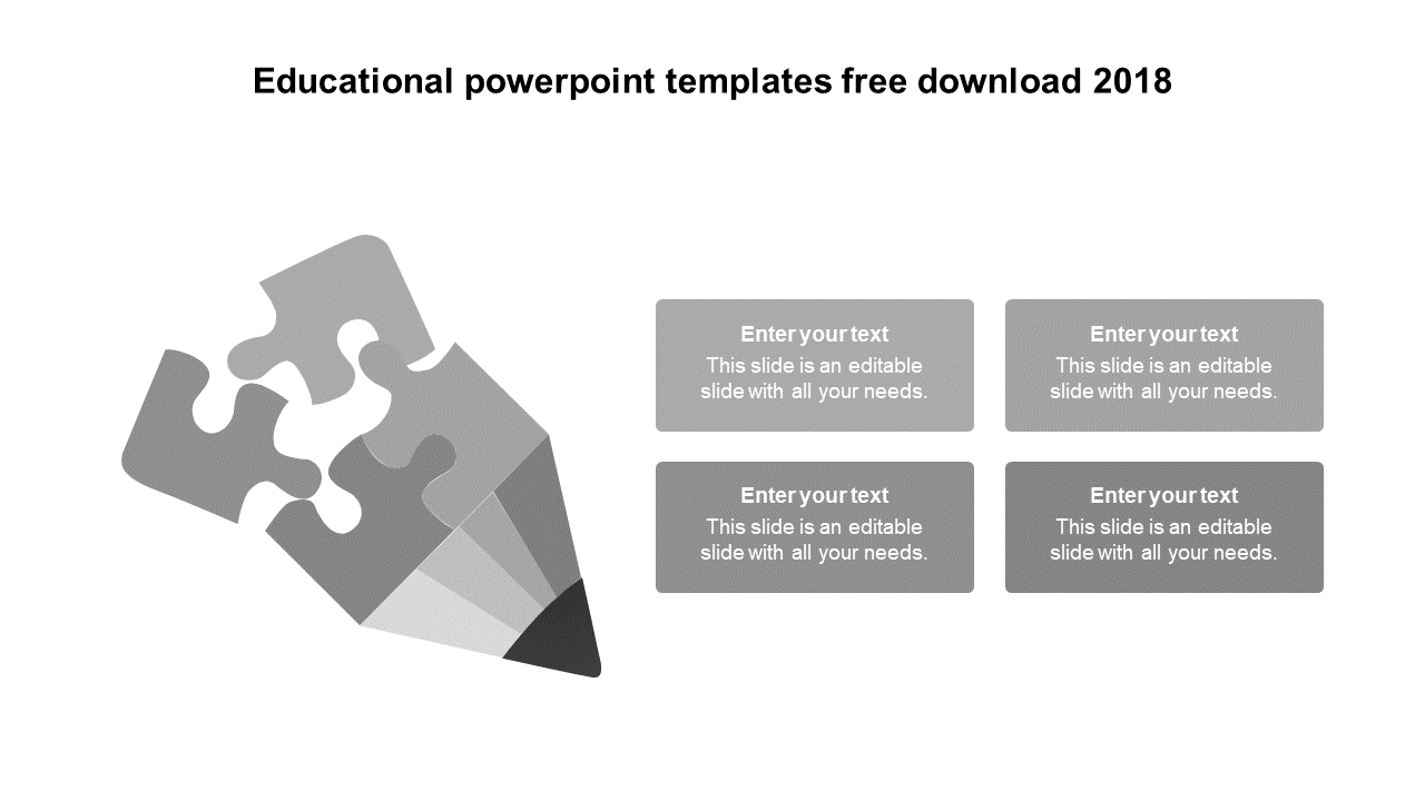 Educational PowerPoint slide featuring a grey pencil made of puzzle pieces with placeholder text boxes.