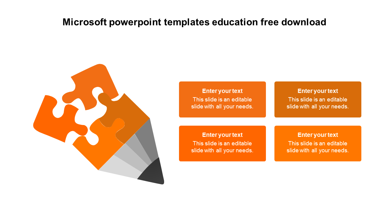 Orange puzzle piece pencil graphic with four accompanying text placeholders for educational content.