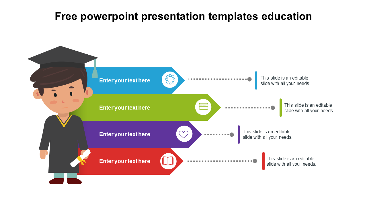 Graduate illustration with diploma, next to four horizontal arrows in different colors, linking to text fields with icons.