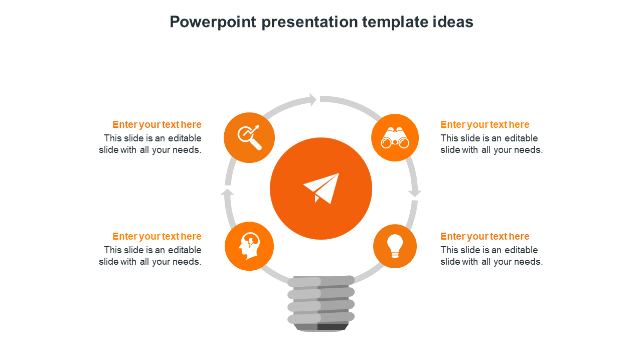 Circular infographic with a paper plane at the center and four orange icons for visualization and brainstorming ideas.