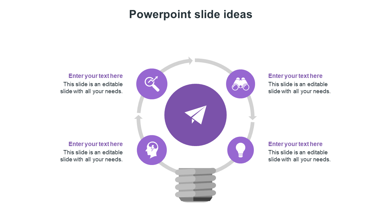 Creative PPT slide with a circular infographic and a lightbulb shaped design, featuring purple icons and text placeholders.