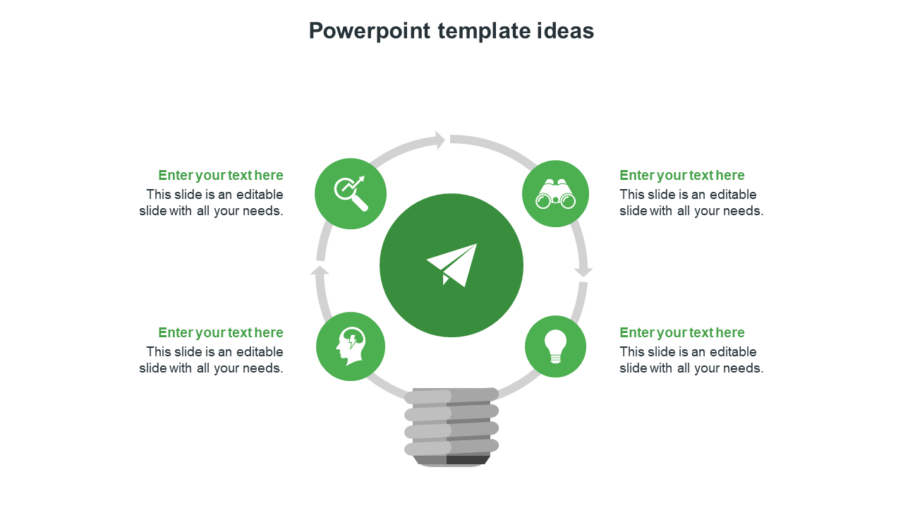 PowerPoint slide with lightbulb graphic and four circular arrows showing icons for planning, research, vision, and ideas.