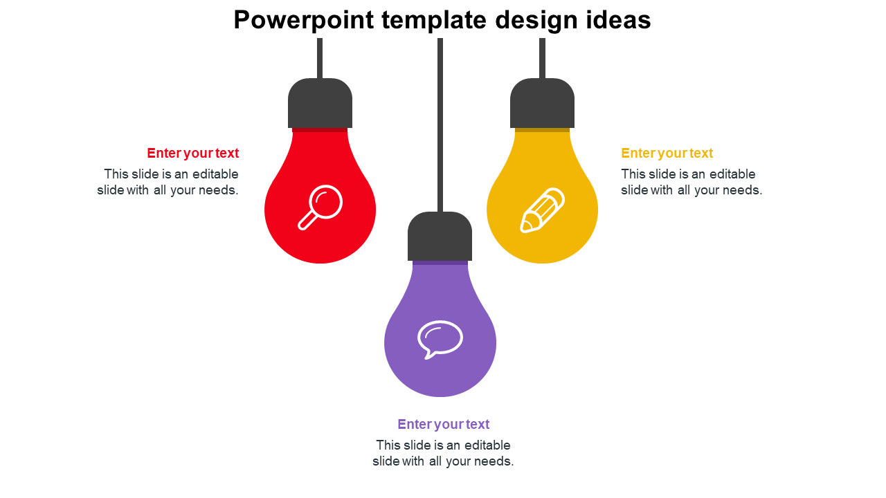 Three colorful hanging light bulbs in red, yellow, and purple, each with relevant icons inside.