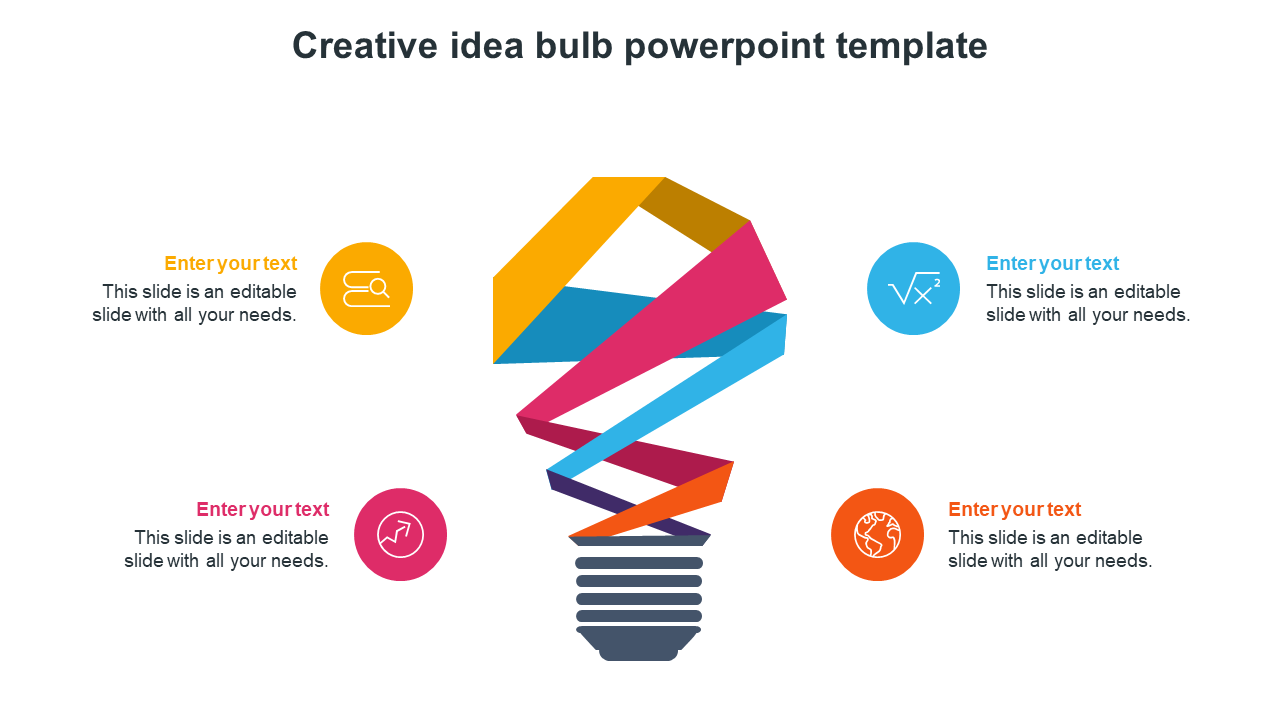 Slide featuring a colorful light bulb design, with sections for entering text with icons.