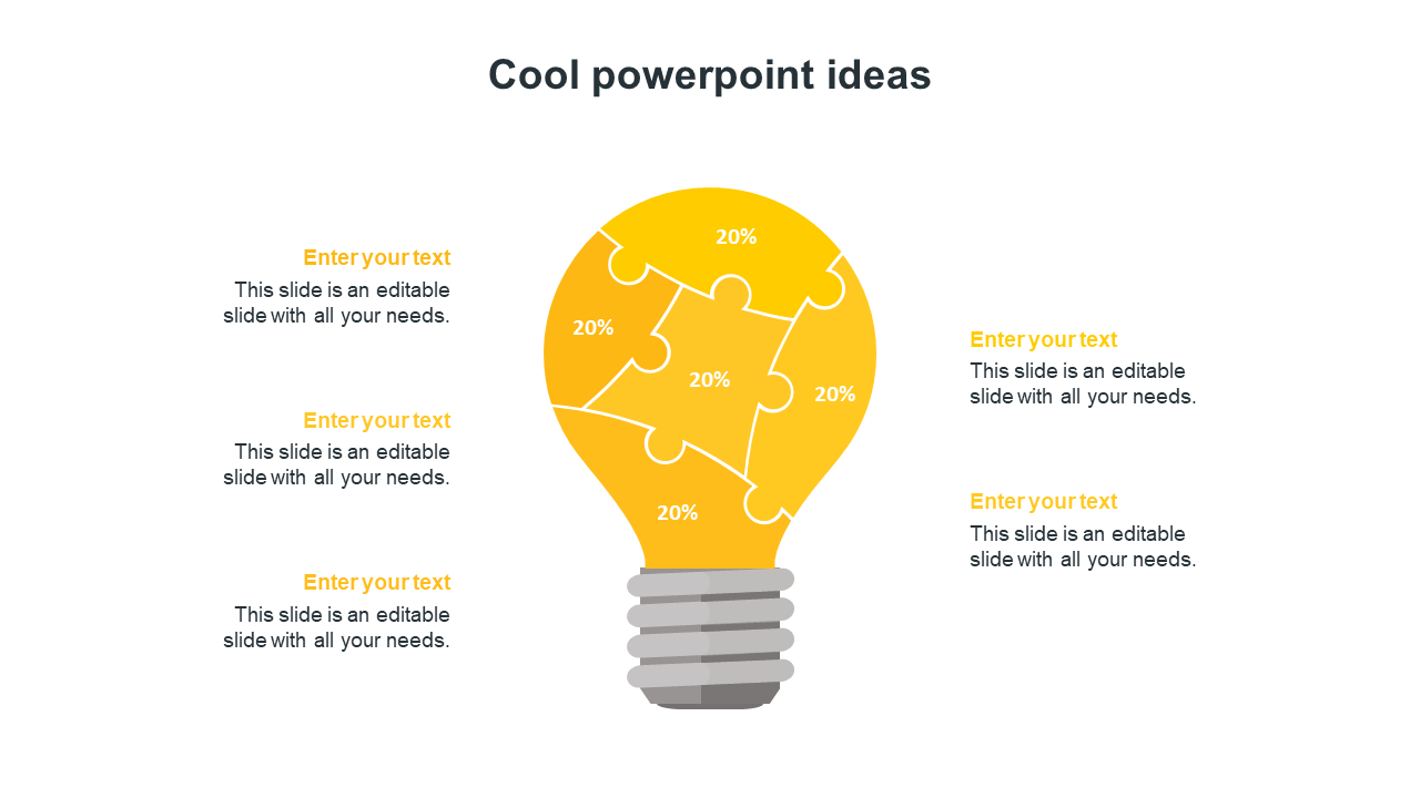 Yellow light bulb illustration with five puzzle piece divisions, surrounded by text placeholders for ideas.