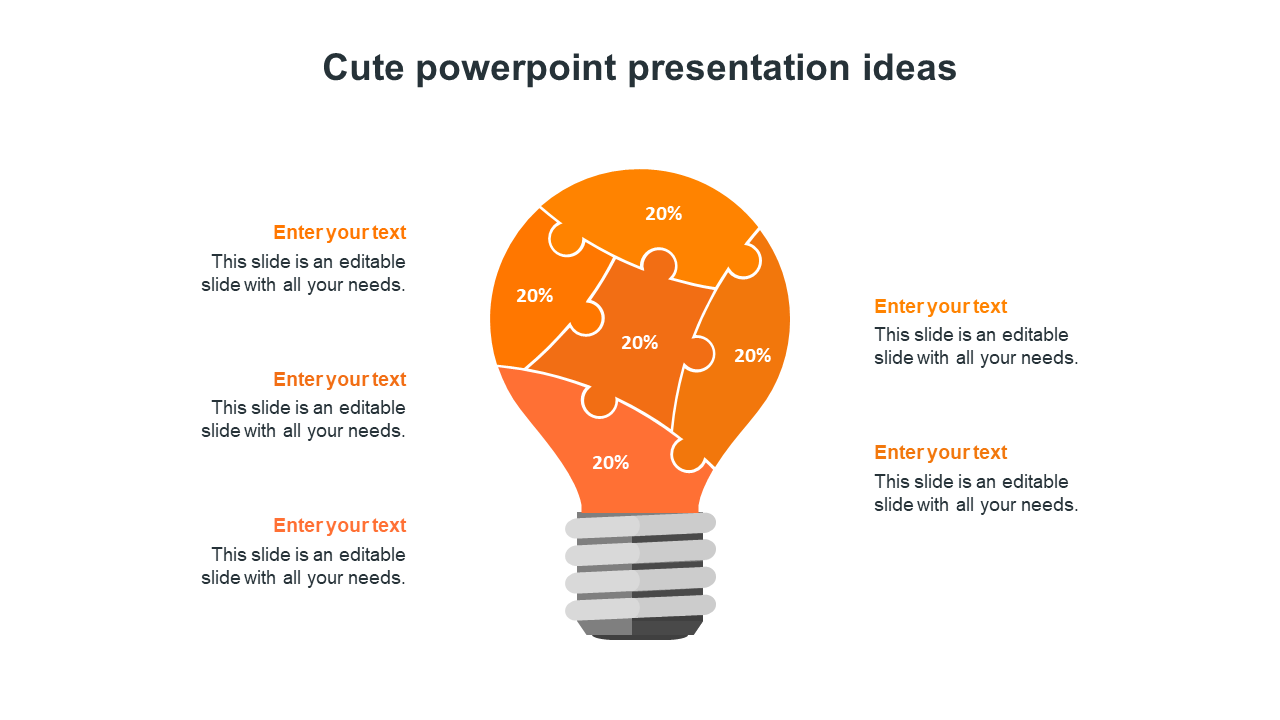 Creative PowerPoint slide featuring an orange lightbulb infographic made of puzzle pieces, each labeled with 20 percent.