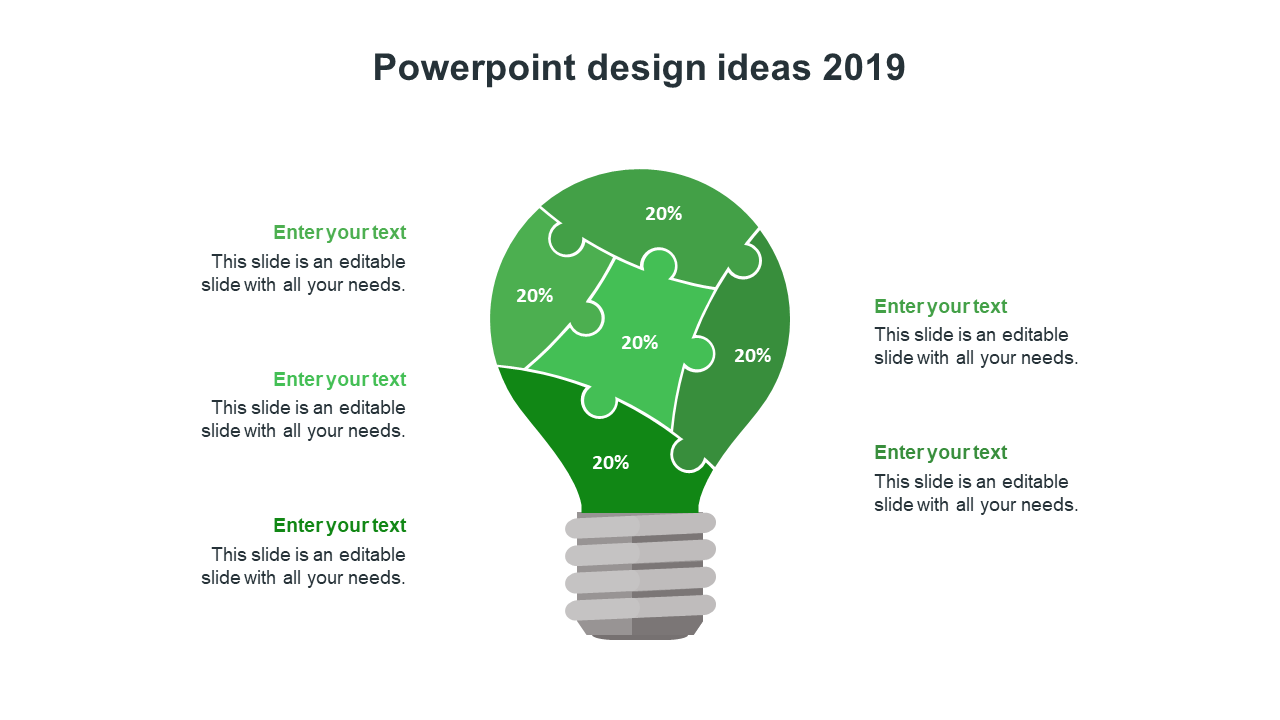 PowerPoint design ideas slide featuring a lightbulb filled with puzzle pieces and text sections.