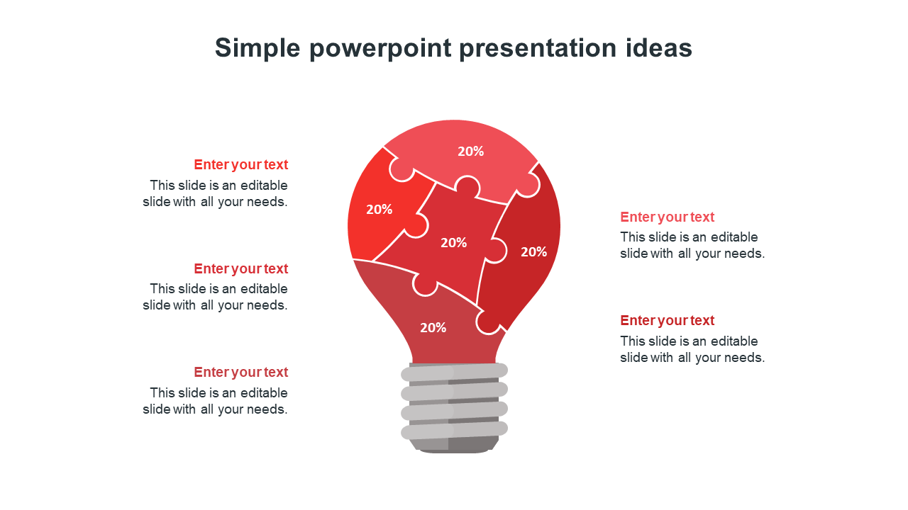 Creative PowerPoint slide featuring a red lightbulb infographic made of puzzle pieces, each labeled with 20 percent.