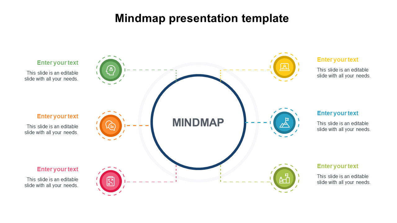 Mind map slide with six colored circles in green, orange, yellow, blue, pink, and light green, connected to a central circle.