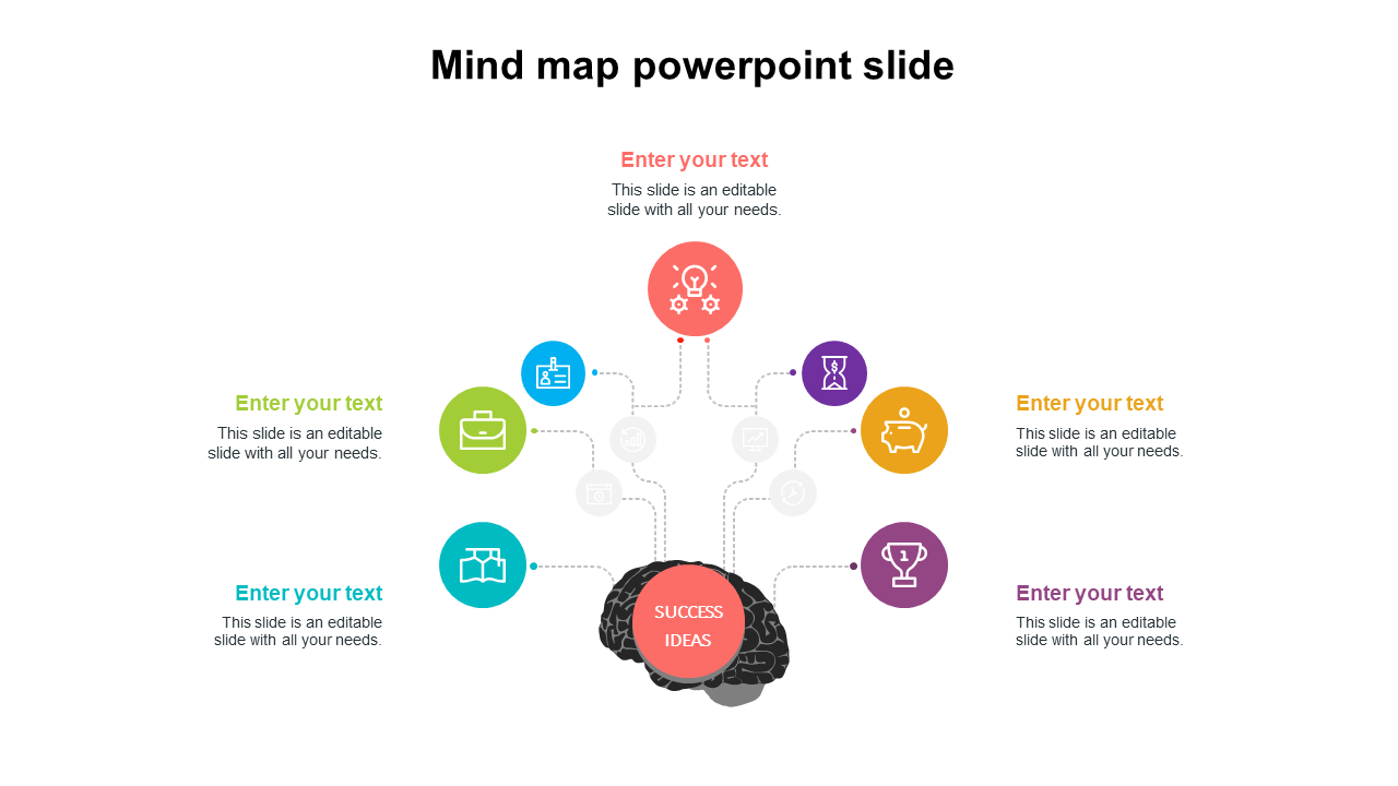 Mind map PowerPoint slide featuring a brain at the center, connected to colorful concept icons with placeholder text.