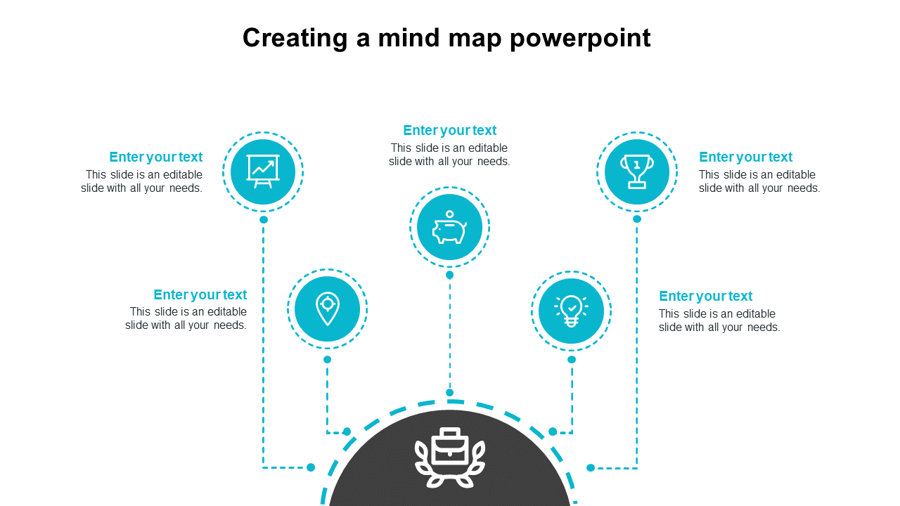 Mind map PowerPoint slide with a central business icon branching out to multiple connected concepts on a blue theme.