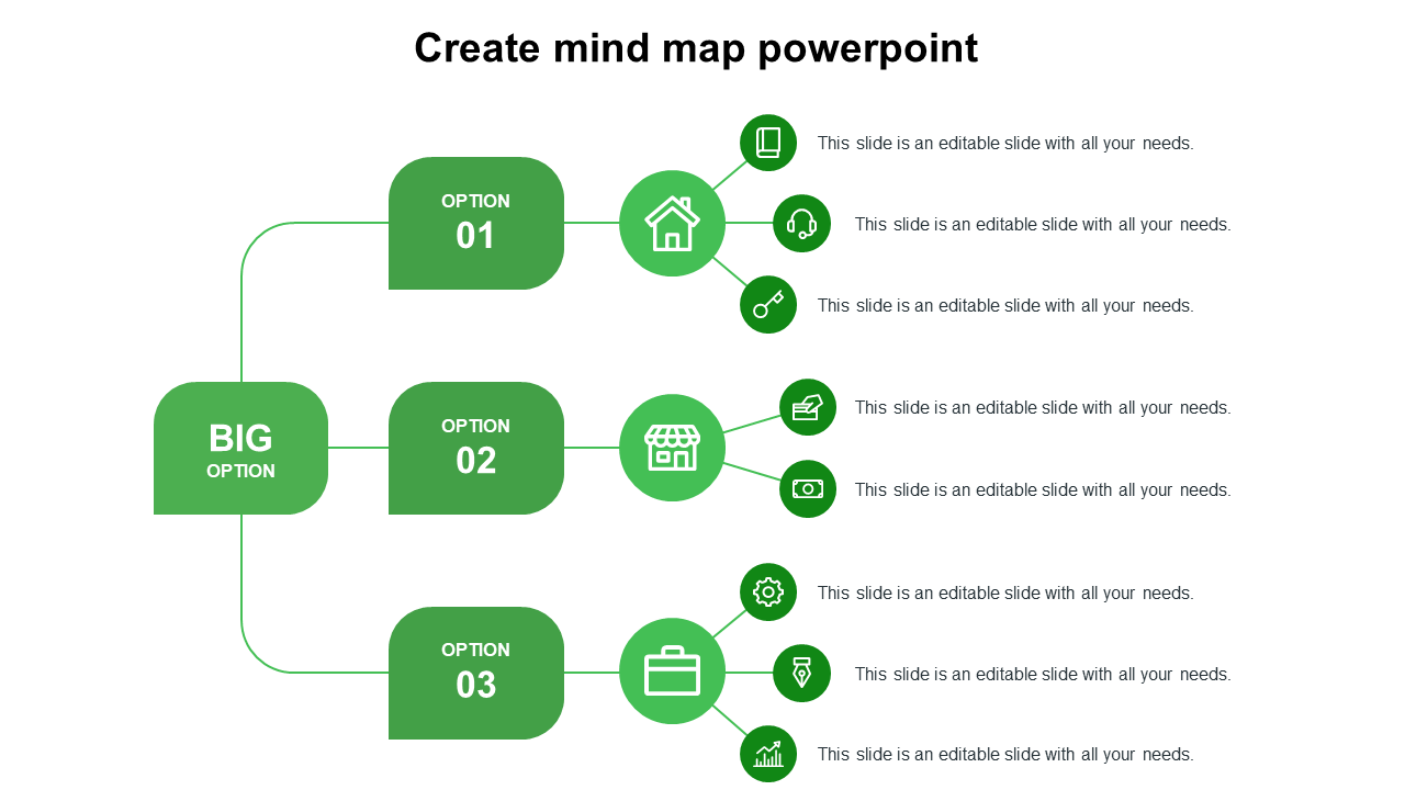 A visually organized mind map with three primary options, each connected to circular icons, representing steps.